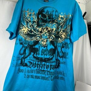 White Stag Blue Graphic Tee with Gold and Black Design